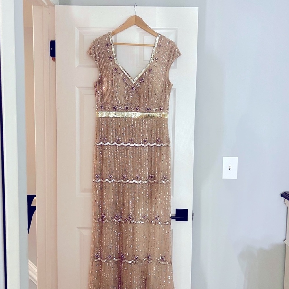 Mac Duggal Cream Sequin Tiered Gown with Flutter Sleeves - Picture 2 of 3